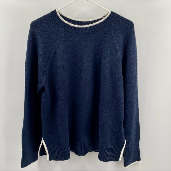 NWT Talbots Navy White Accented Cuff Neckline Side Slit Wool Blend Sweater - Picture 1 of 9